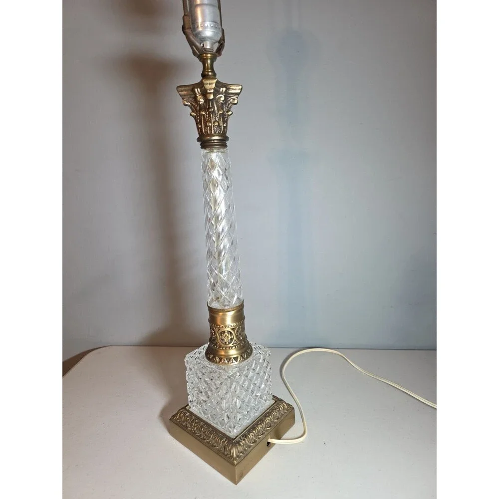 Heavy Vtg Diamond Cut Crystal Glass Table Lamp Hollywood Regency Loevsky Style